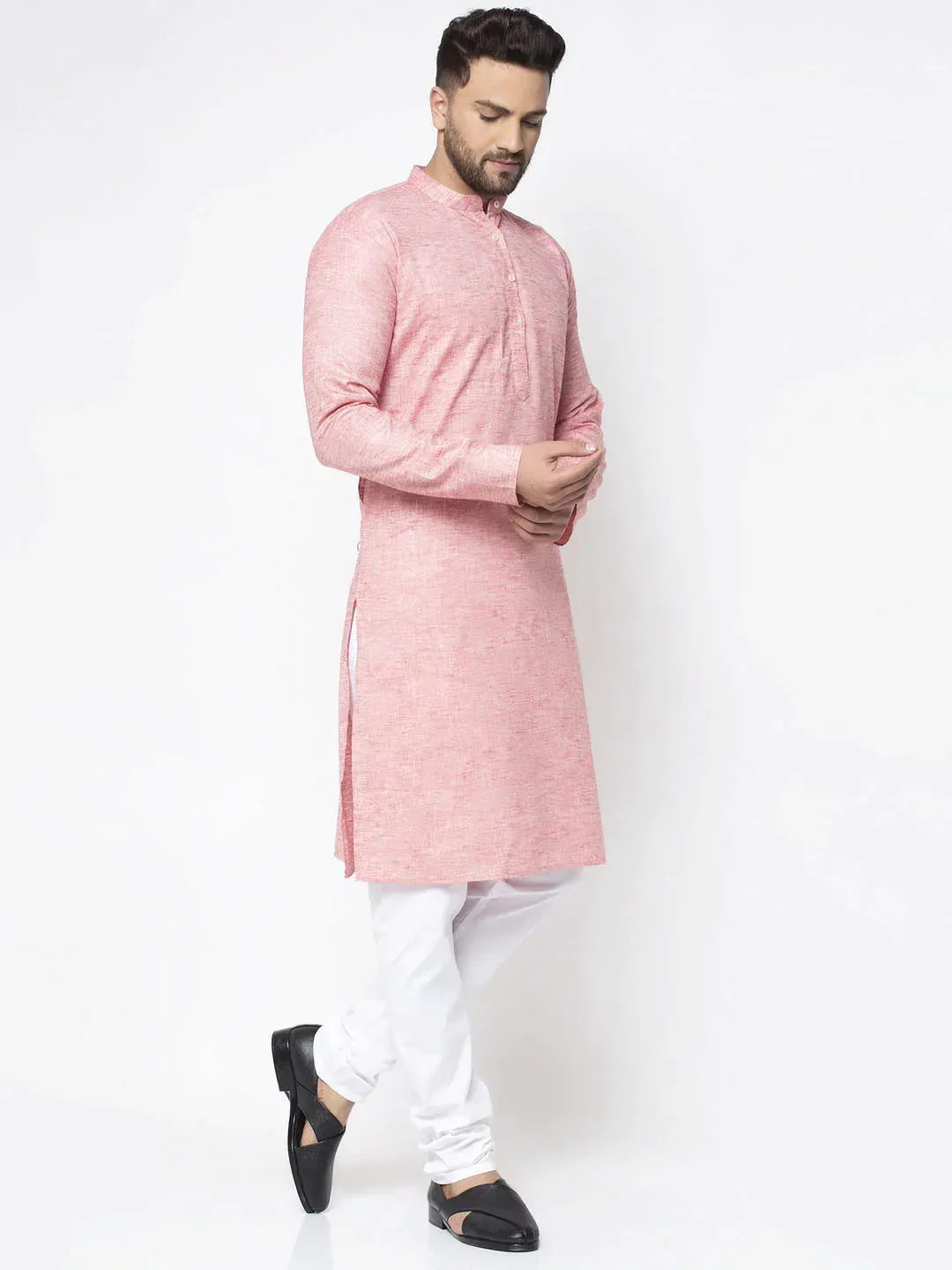 Men Pink & White Self Design Kurta Only