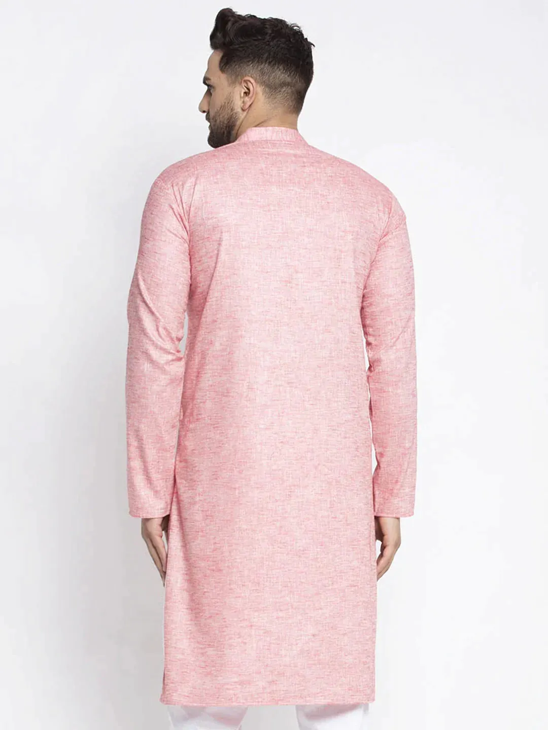 Men Pink & White Self Design Kurta Only