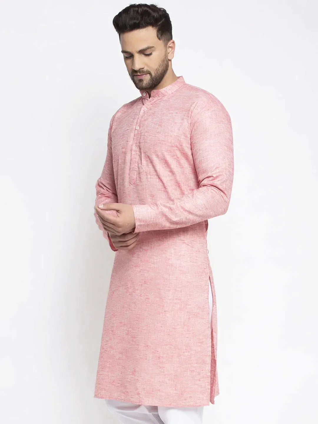 Men Pink & White Self Design Kurta Only