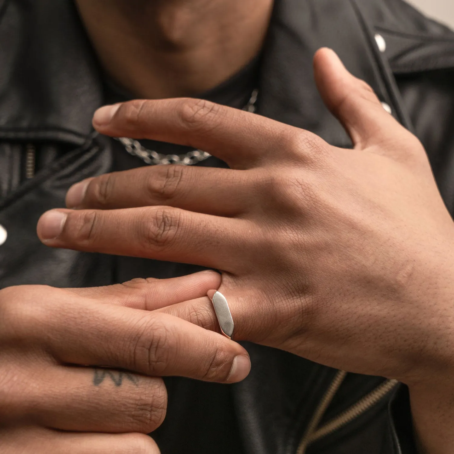 Mens Long Pebble Signet Ring