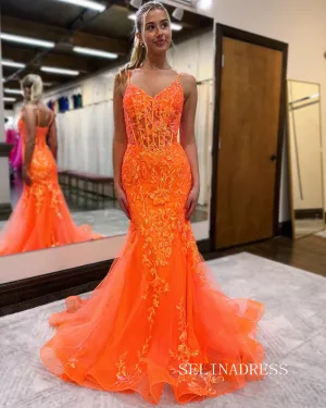Mermaid Spaghetti Straps Orange Tulle Lace Long Prom Dresses lpk557