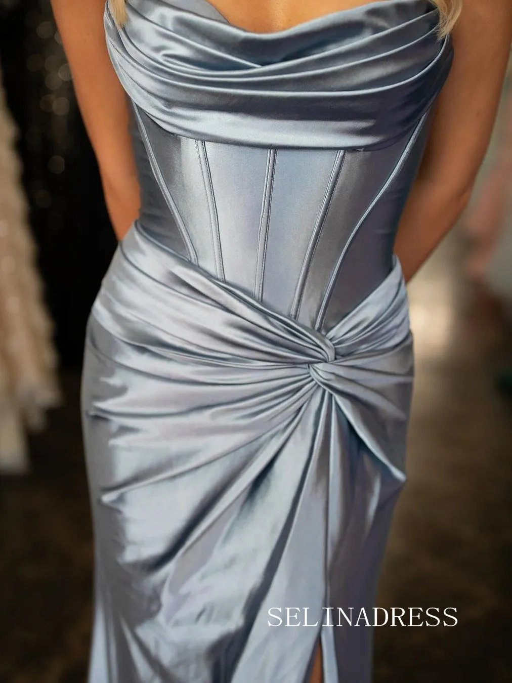 Mermaid Strapless Blue Long Prom Dress Evening Dress With Slit sew0615