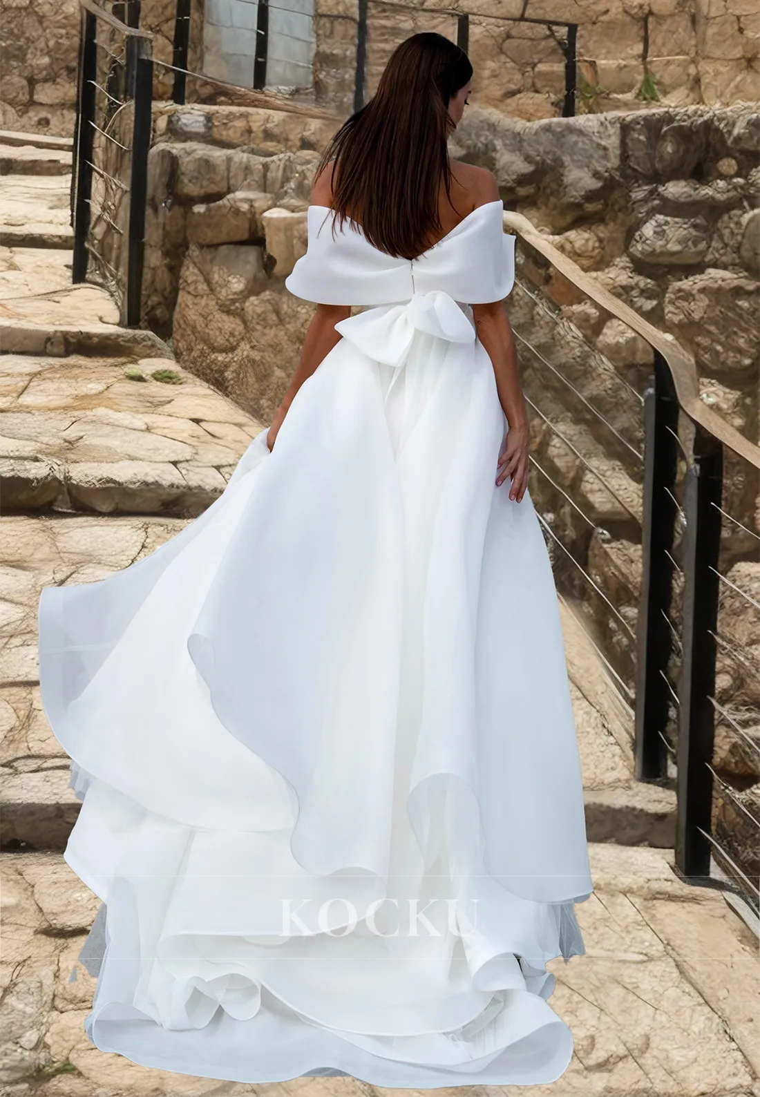 Off-Shoulder A-Line Sleeveless High Split Bows Ruched Lace Wedding Dress Bridal Gowns with Train