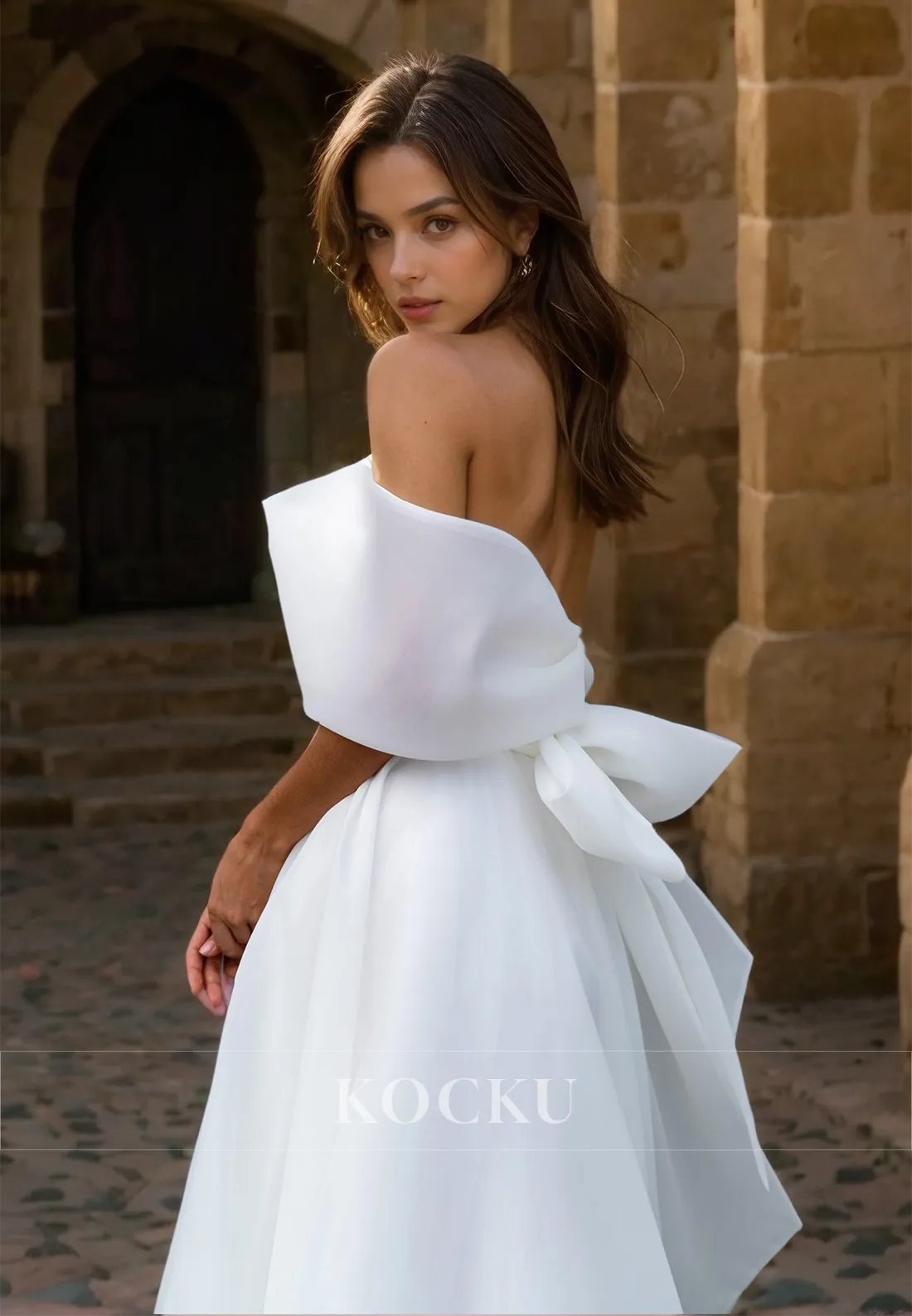 Off-Shoulder A-Line Sleeveless High Split Bows Ruched Lace Wedding Dress Bridal Gowns with Train
