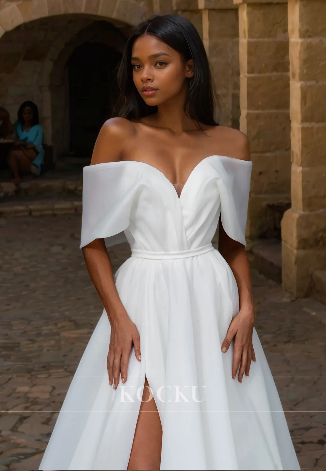 Off-Shoulder A-Line Sleeveless High Split Bows Ruched Lace Wedding Dress Bridal Gowns with Train