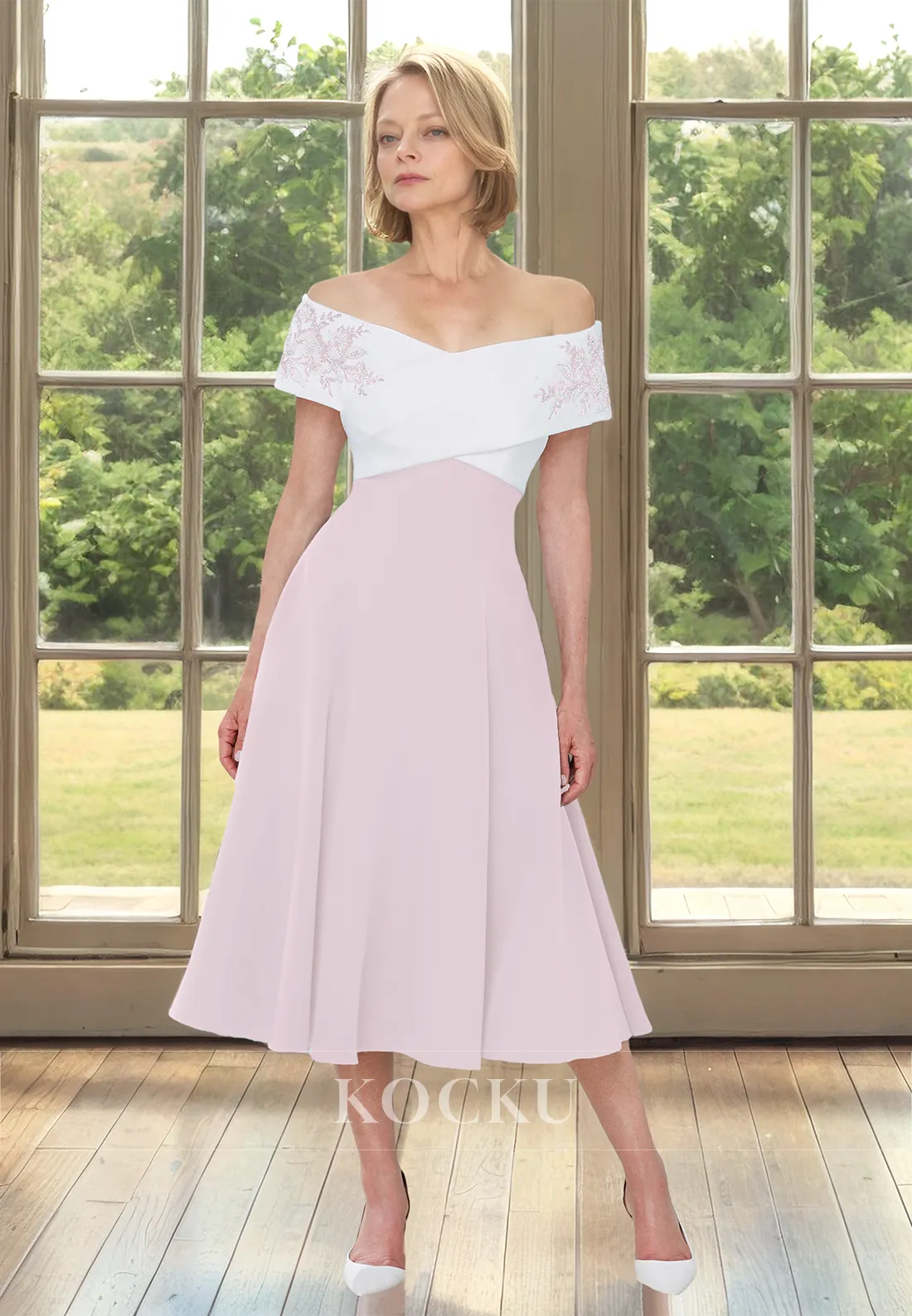 Off-Shoulder A-Line Tea-Length Sleeveless Chiffon Cocktail Gowns Mother of Bride with Appliques