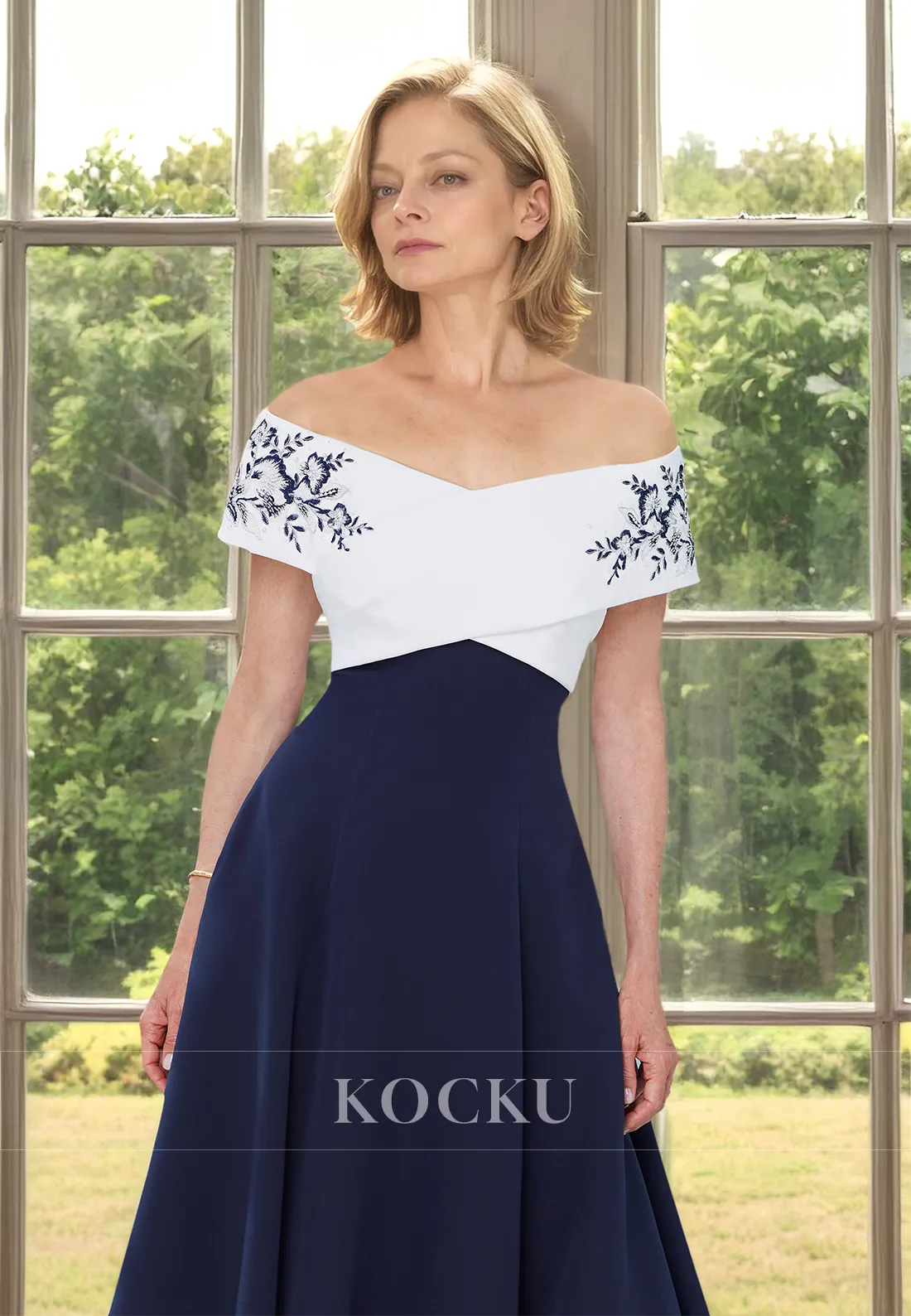 Off-Shoulder A-Line Tea-Length Sleeveless Chiffon Cocktail Gowns Mother of Bride with Appliques