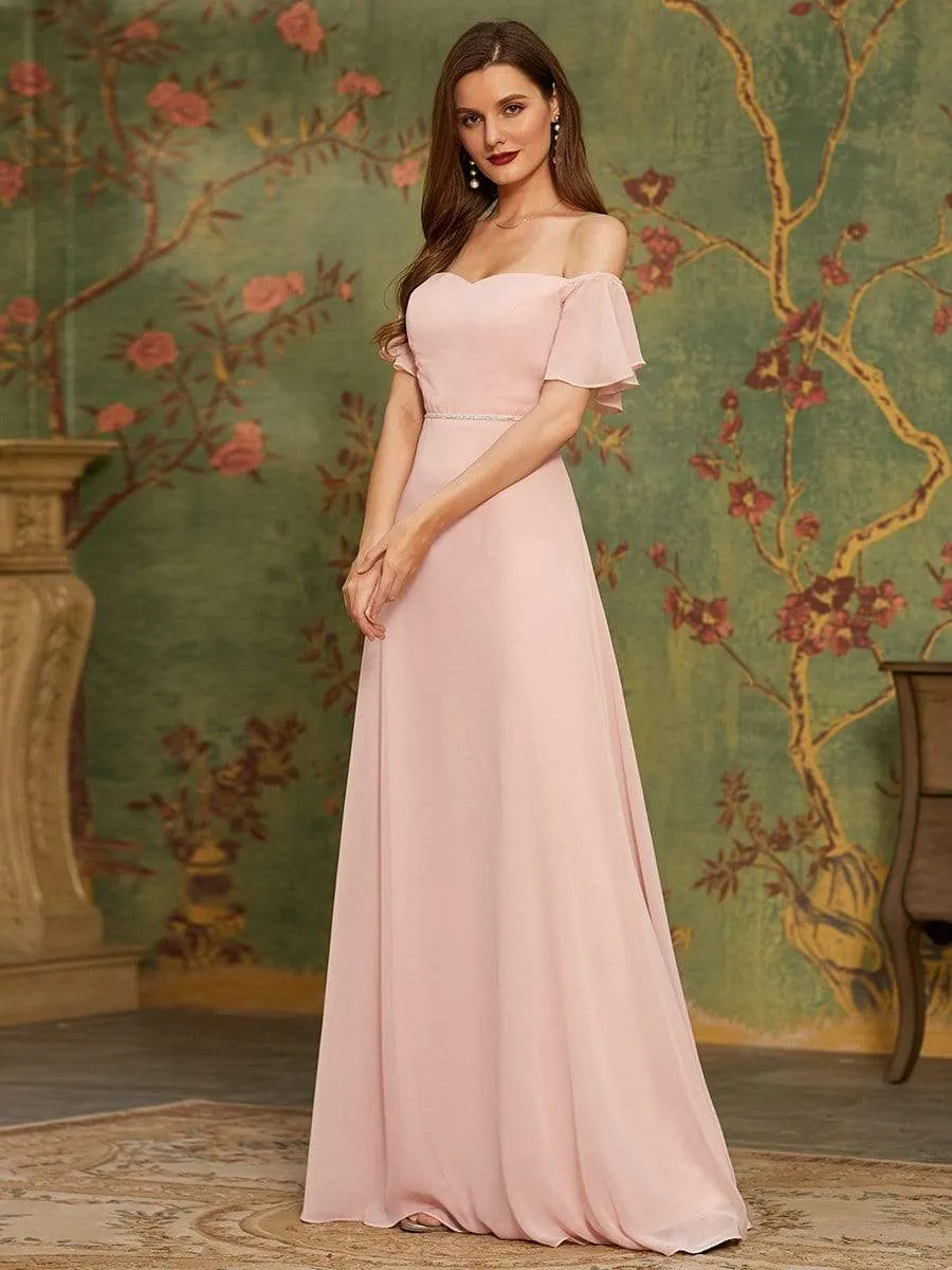 Off the Shoulder Pagoda Sleeves Maxi Chiffon Bridesmaid Dress