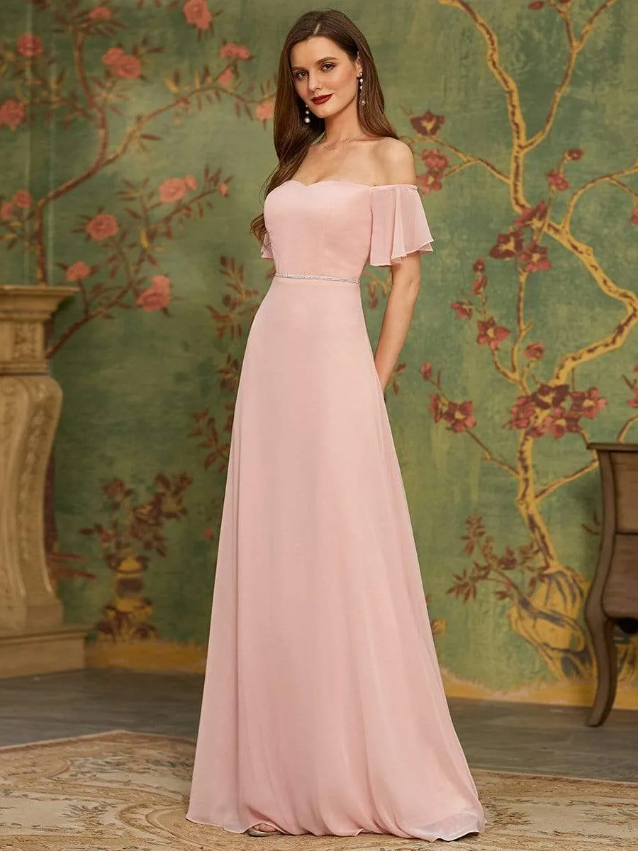 Off the Shoulder Pagoda Sleeves Maxi Chiffon Bridesmaid Dress