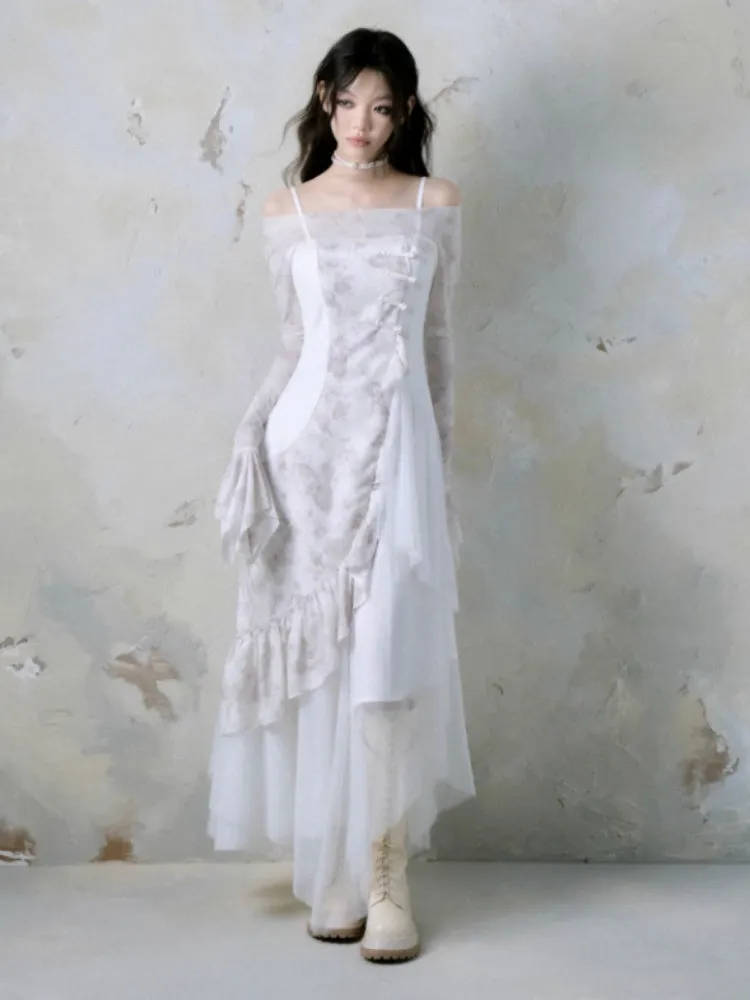 Patchwork Ruffle Suspender Long Dress & Waistcoat【s0000004379】