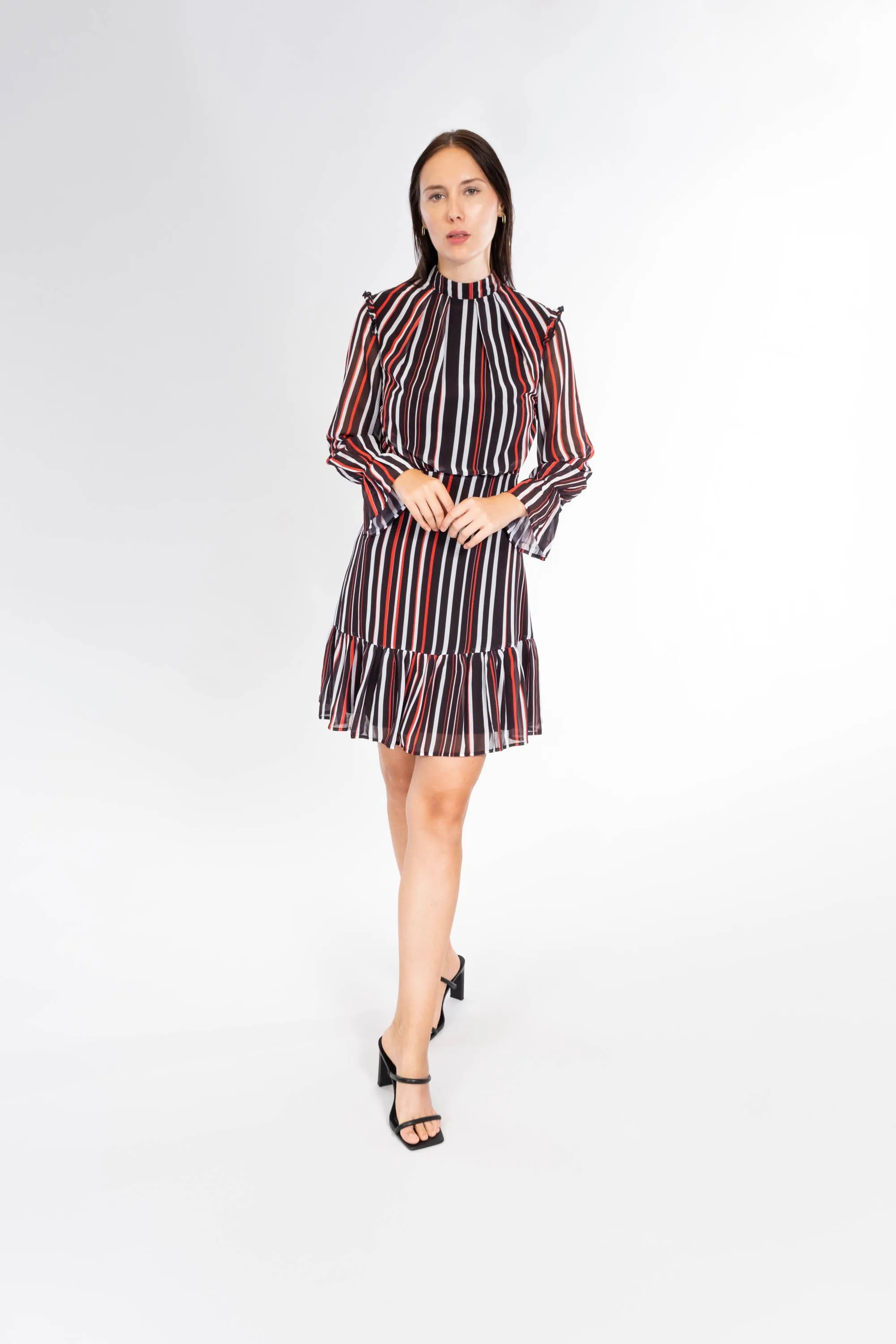 PIN STRIPE LONG SLEEVE MOCK NECK DRESS