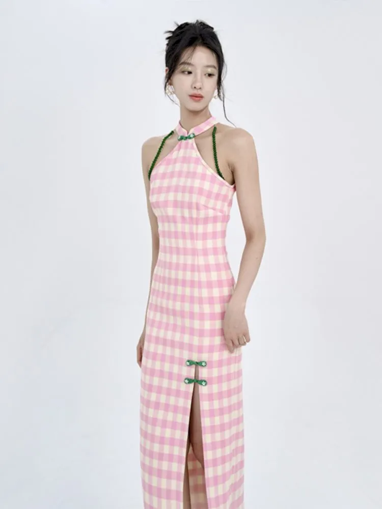 Pink Check Slim Long Cheongsam Dress【s0000008783】