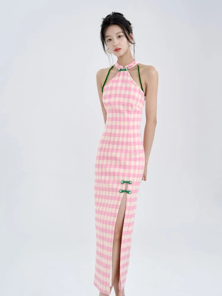 Pink Check Slim Long Cheongsam Dress【s0000008783】