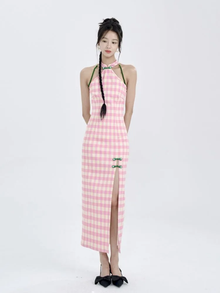 Pink Check Slim Long Cheongsam Dress【s0000008783】