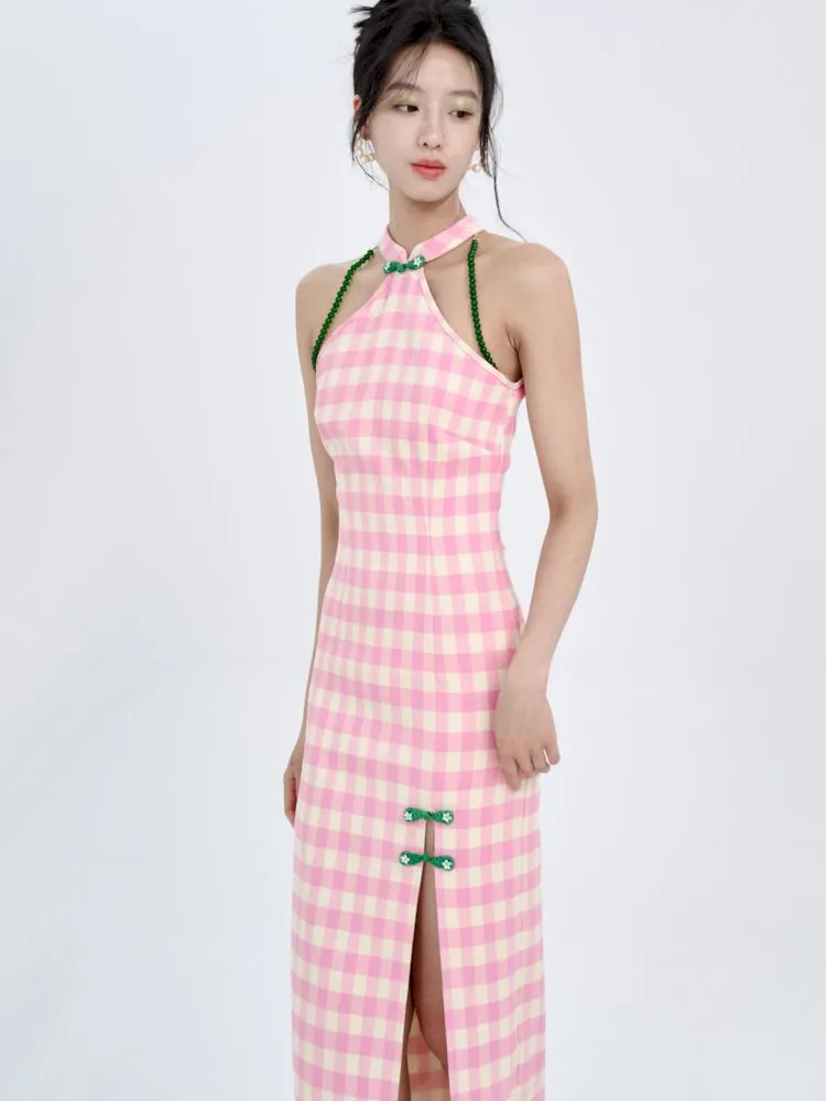 Pink Check Slim Long Cheongsam Dress【s0000008783】