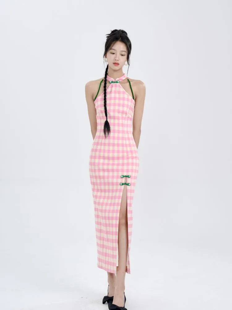 Pink Check Slim Long Cheongsam Dress【s0000008783】