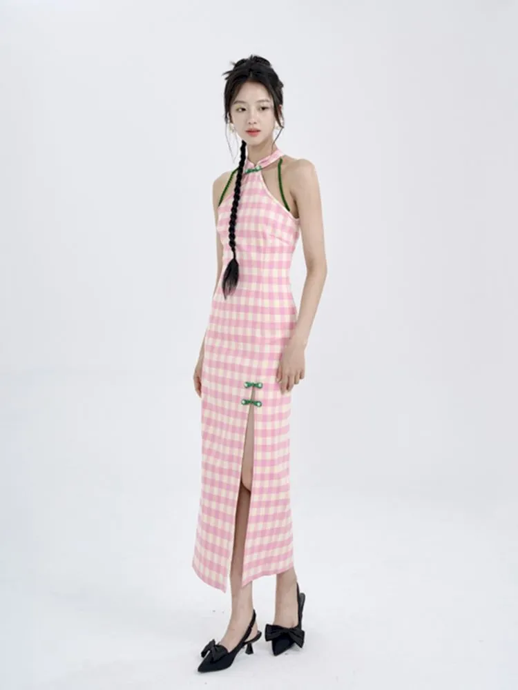 Pink Check Slim Long Cheongsam Dress【s0000008783】
