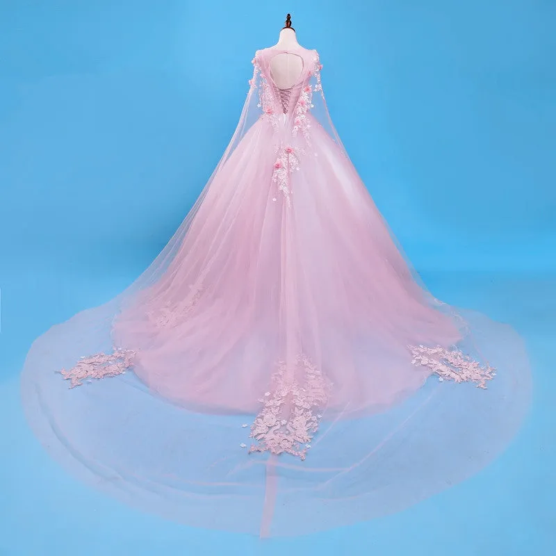 Pink Flowers Long Formal Dresses, Pink Sweet 16 Gown Party Dresses