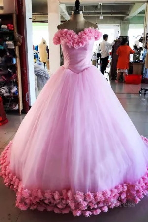Pink tulle 3d flower tulle long prom gown pink tulle evening dress