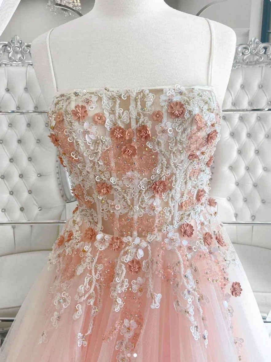 Pink tulle lace long prom dress pink lace long evening dress