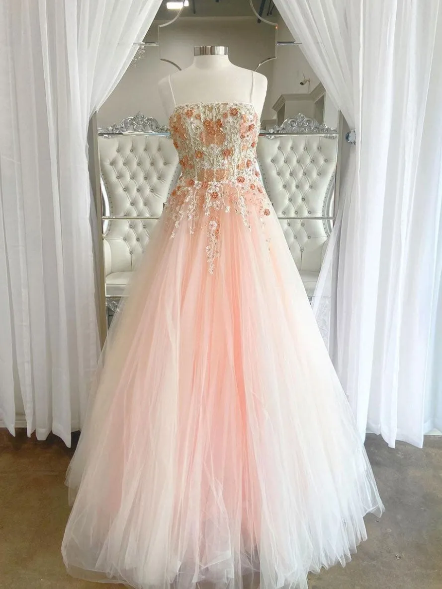 Pink tulle lace long prom dress pink lace long evening dress