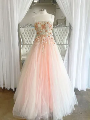 Pink tulle lace long prom dress pink lace long evening dress