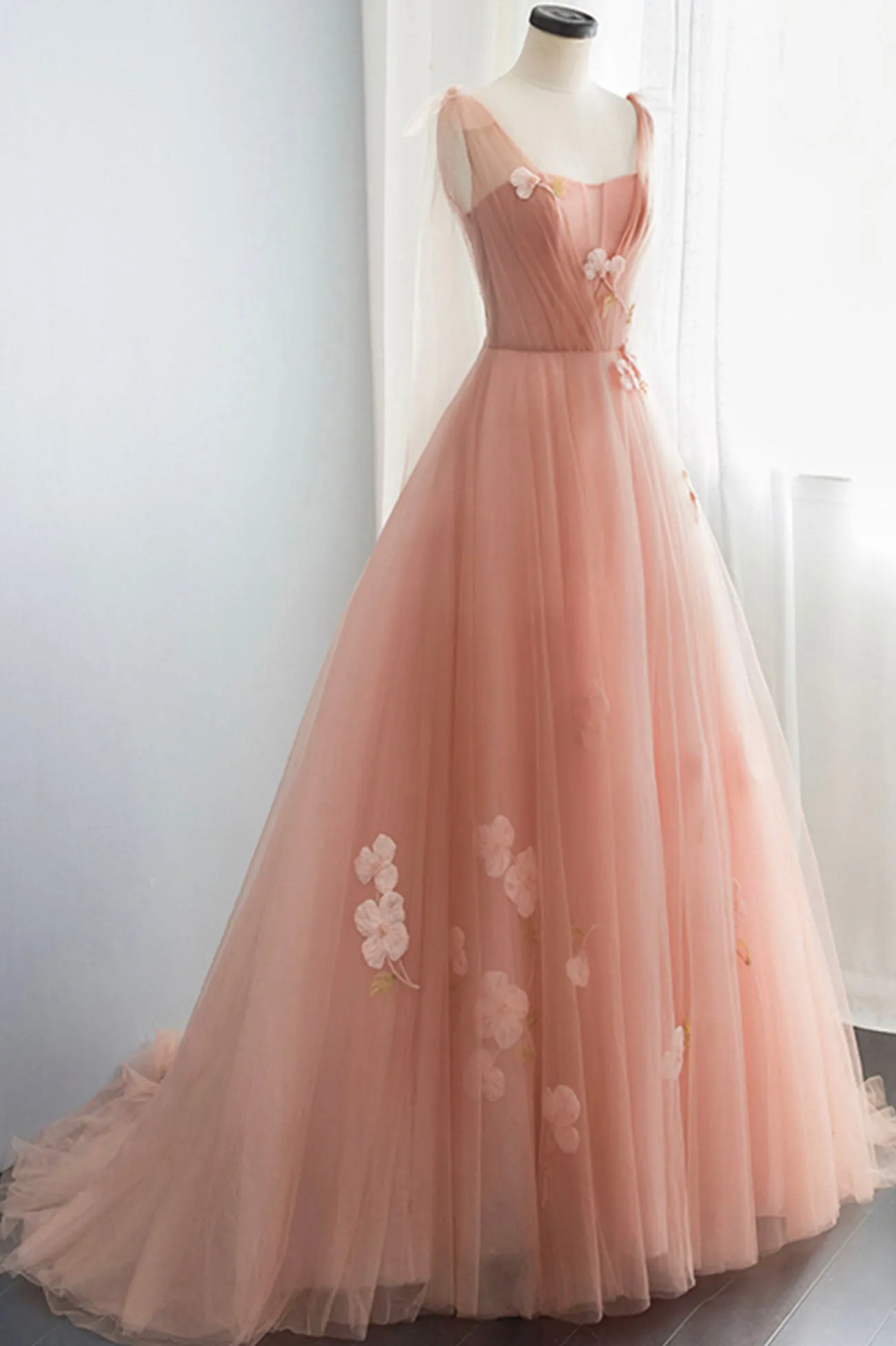 Pink Tulle Long Prom Dresses Cute A-Line Graduation Dress