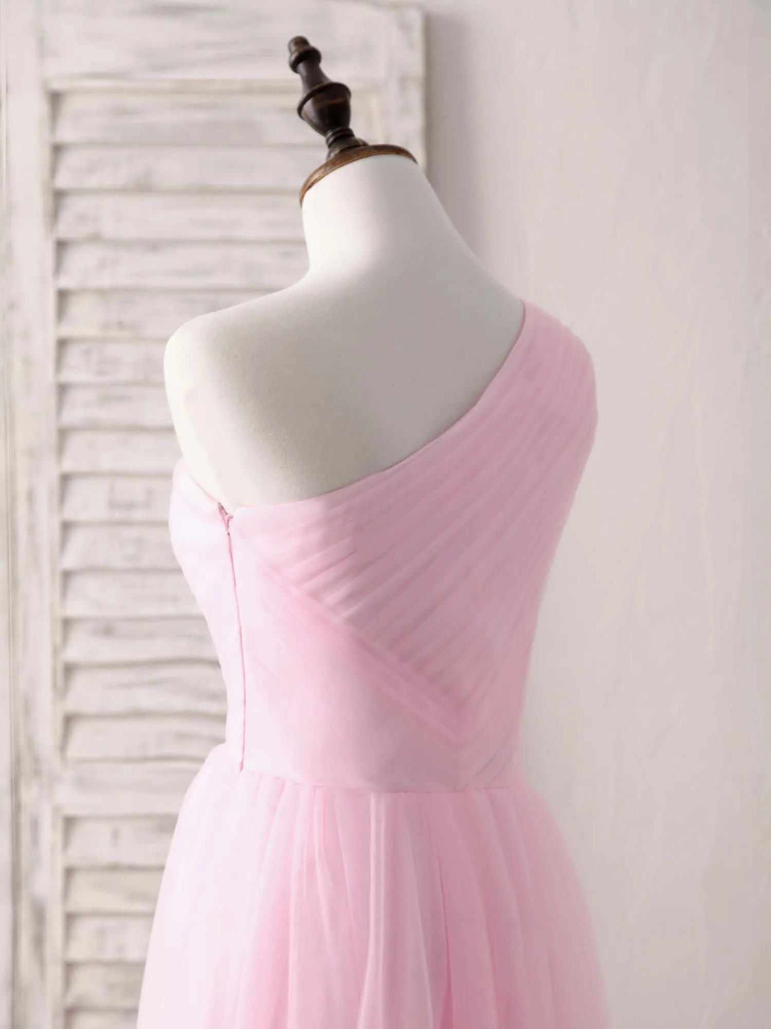 Pink Tulle One Shoulder Long Prom Dress Pink Bridesmaid Dress