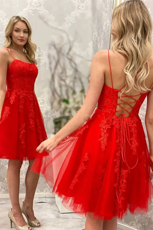 Red Lace Applique Spaghetti Straps Homecoming Dresses, Red Tulle Short Prom Dress,Cocktail Dress