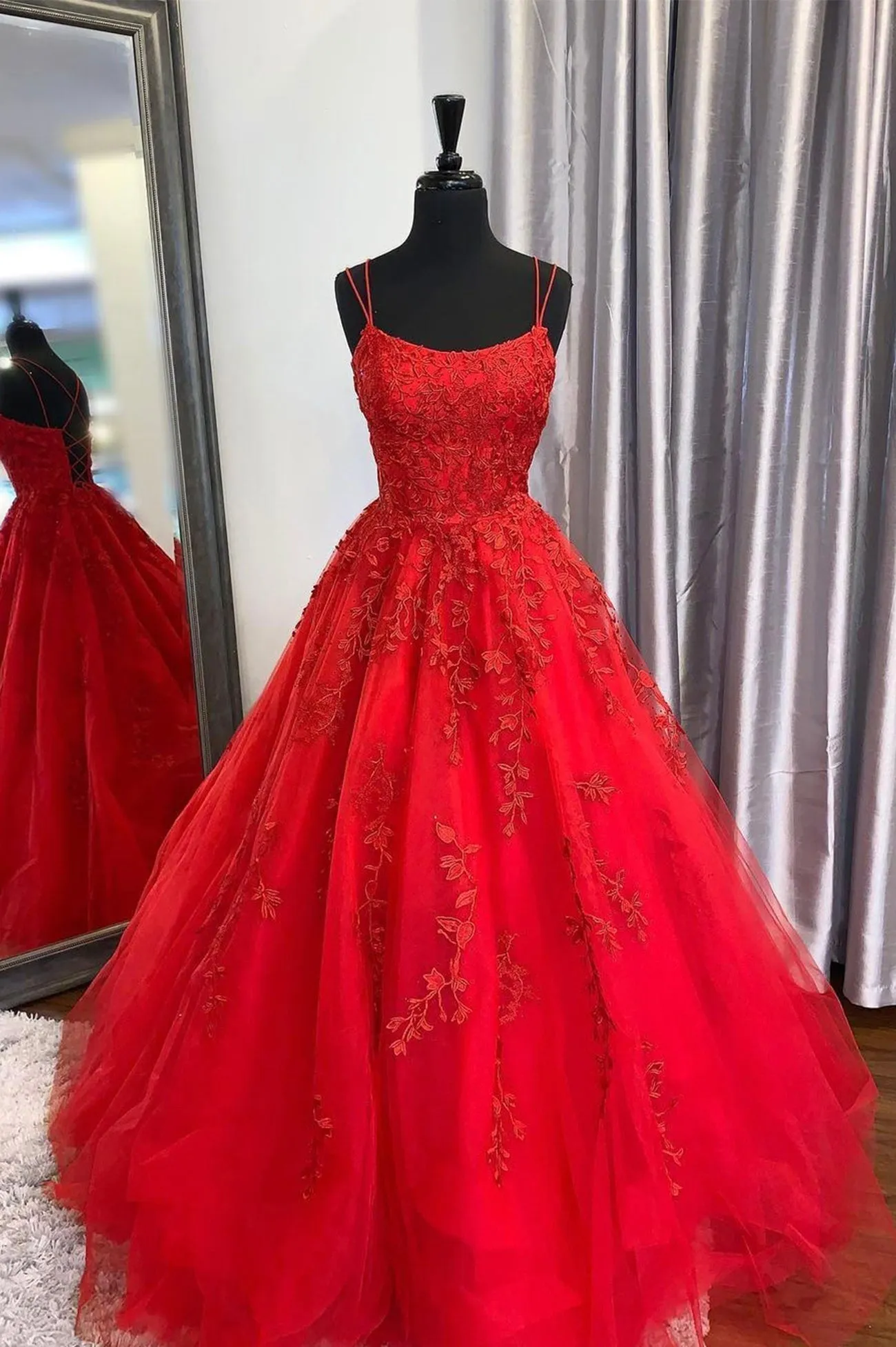 Red Lace Long Prom Dresses A-Line Formal Evening Dresses