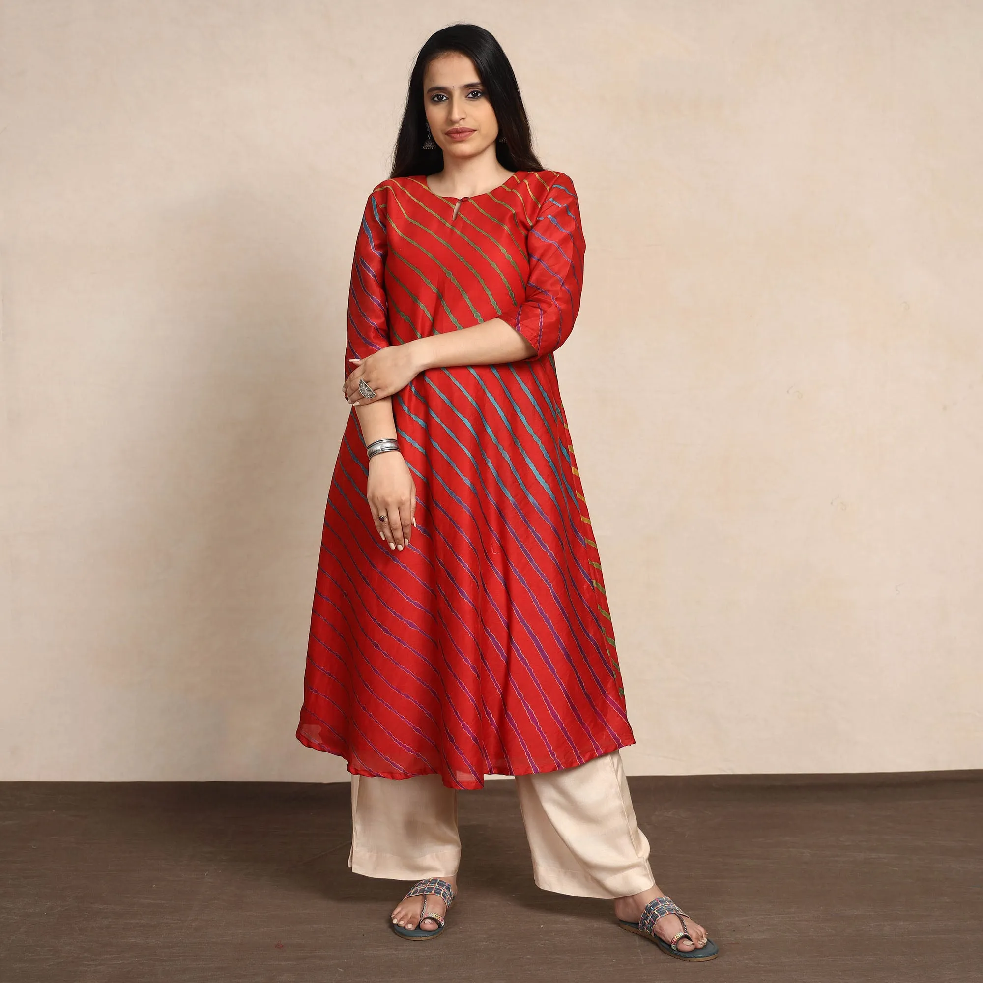 Red - Leheriya Tie-Dye Chanderi Silk A-Line Long Kurta