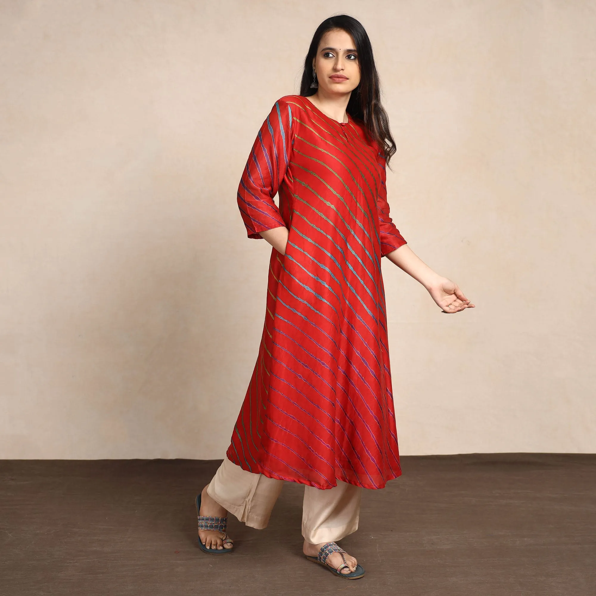 Red - Leheriya Tie-Dye Chanderi Silk A-Line Long Kurta