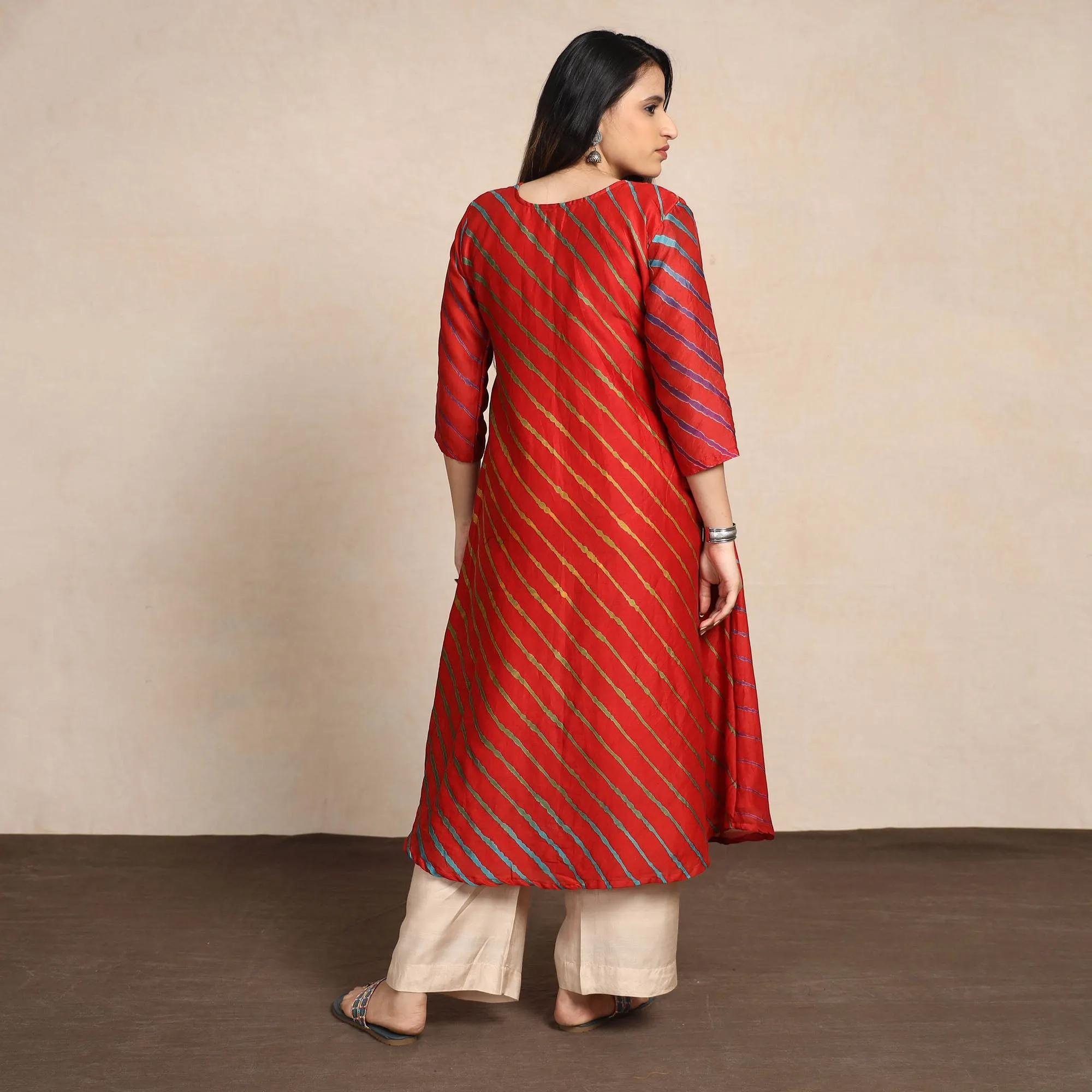 Red - Leheriya Tie-Dye Chanderi Silk A-Line Long Kurta