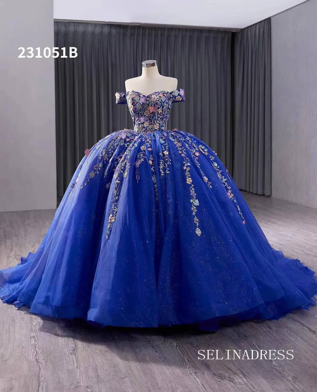 Royal Blue Applique Floral Lace Wedding Dresses Off the Shoulder Quinceanera Dress 231051B