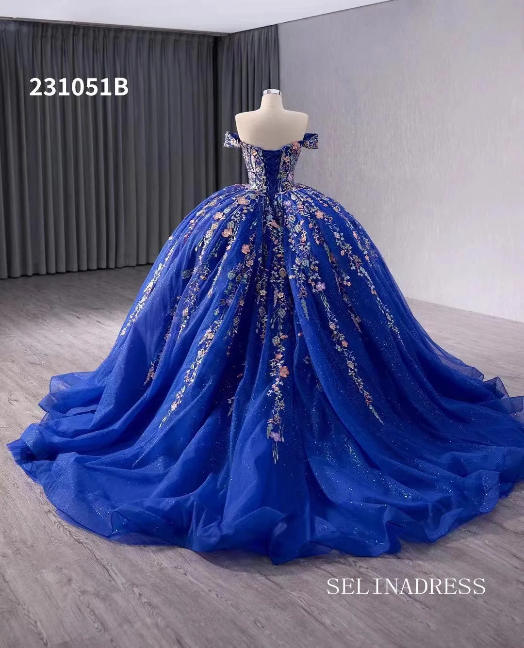 Royal Blue Applique Floral Lace Wedding Dresses Off the Shoulder Quinceanera Dress 231051B