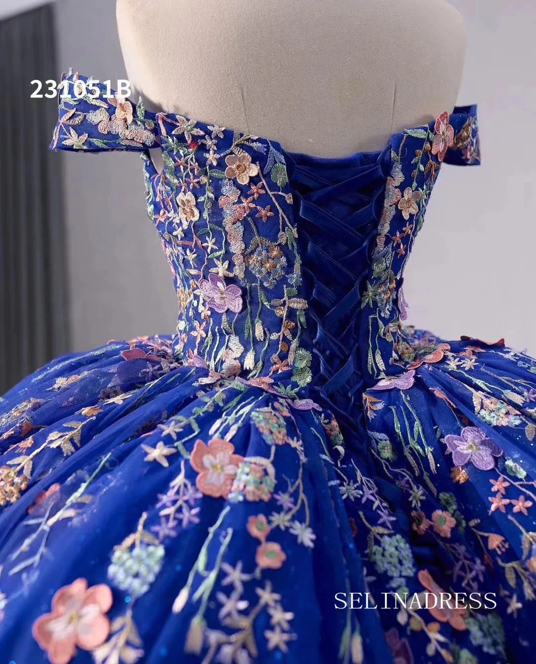 Royal Blue Applique Floral Lace Wedding Dresses Off the Shoulder Quinceanera Dress 231051B
