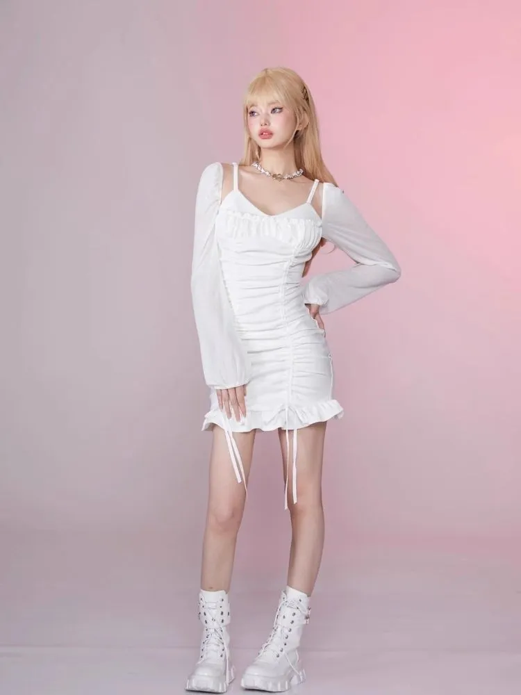 Ruffle Halter Strapless Long Sleeve Dress【s0000006354】