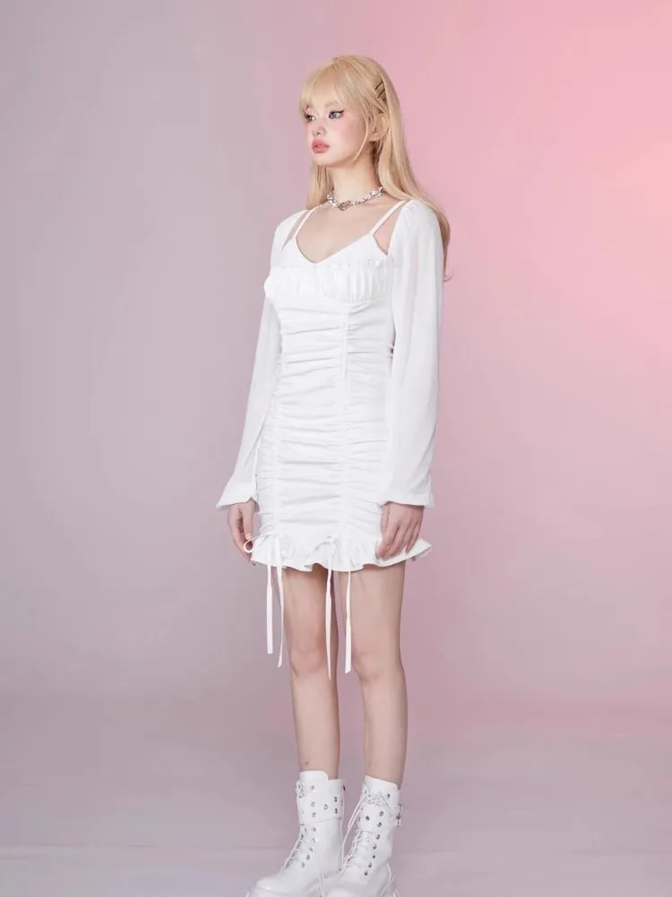 Ruffle Halter Strapless Long Sleeve Dress【s0000006354】