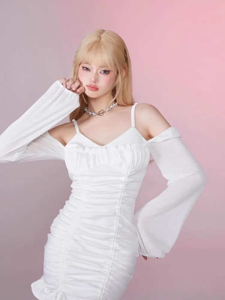 Ruffle Halter Strapless Long Sleeve Dress【s0000006354】