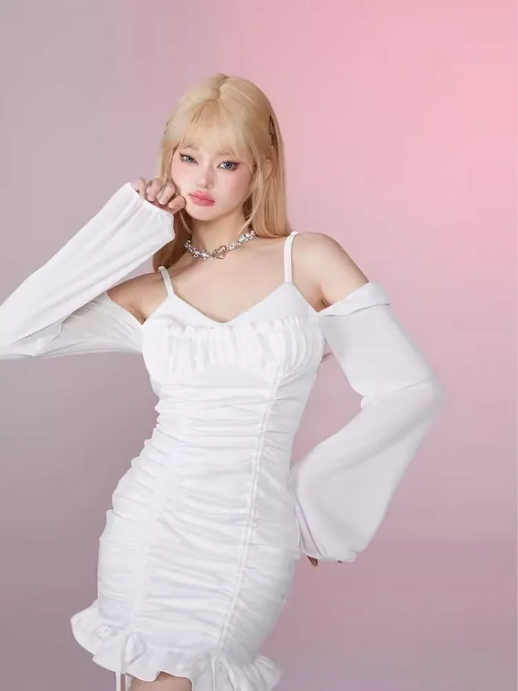 Ruffle Halter Strapless Long Sleeve Dress【s0000006354】