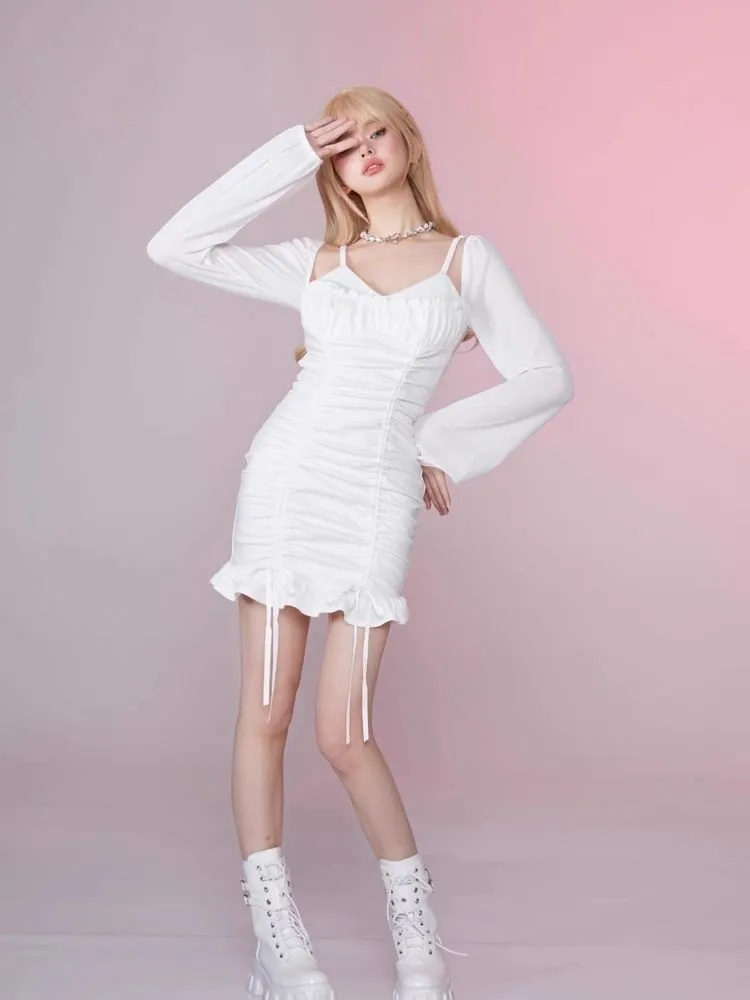 Ruffle Halter Strapless Long Sleeve Dress【s0000006354】
