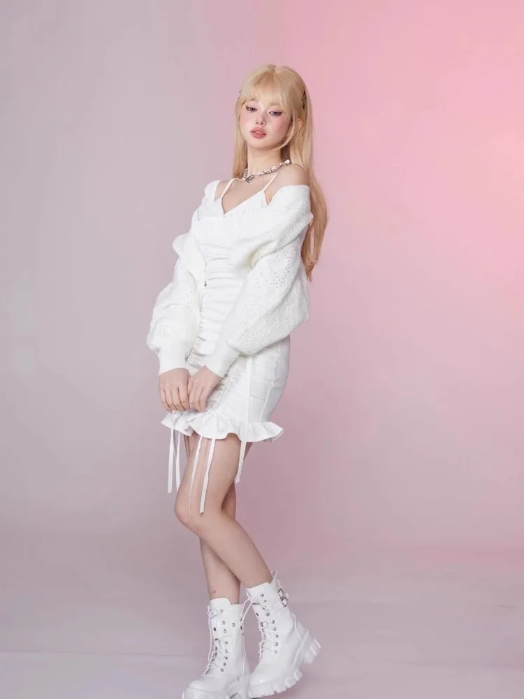 Ruffle Halter Strapless Long Sleeve Dress【s0000006354】