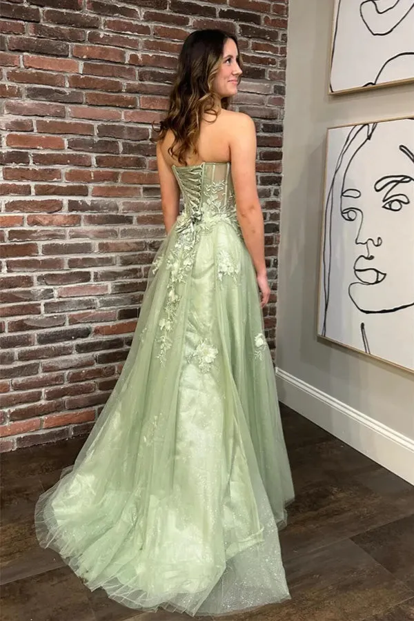 Floral A-line Prom Dress with Slit in Elegant Sage Green - PSK500