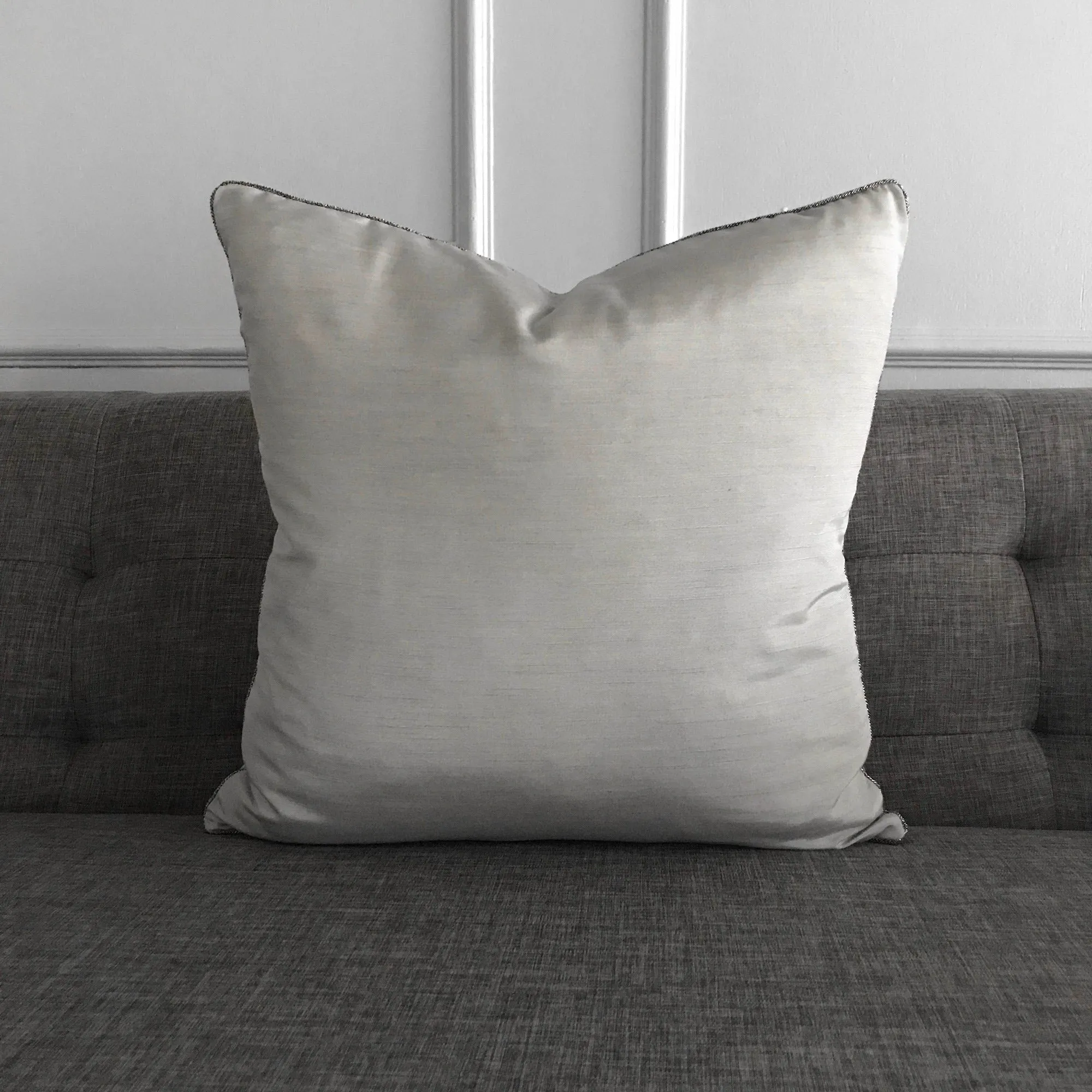 Silver Shantung Silk Metallic Bead Welt Trim Throw Pillow Cover 20x20