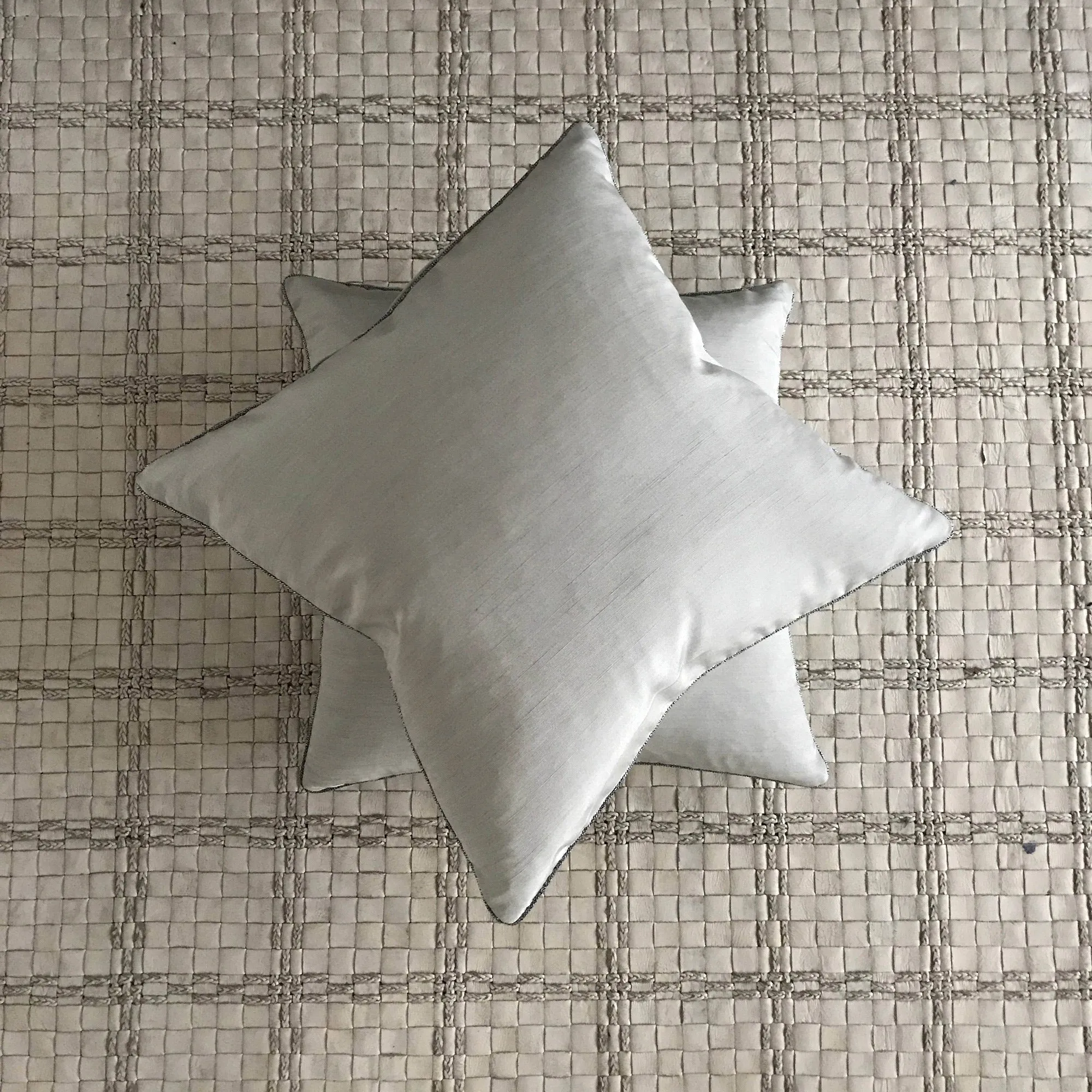 Silver Shantung Silk Metallic Bead Welt Trim Throw Pillow Cover 20x20