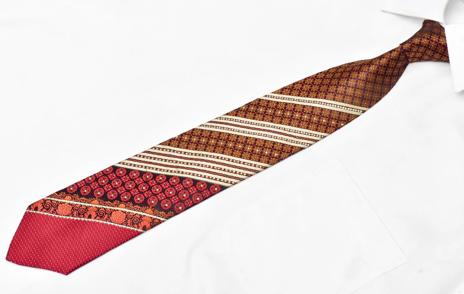 Silver Striped & Orange Cartouche Design On Navy Blue Rhinestone Silk Tie