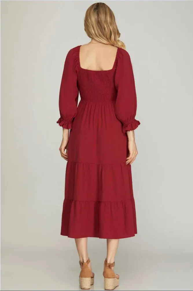 Smocked Tiered Midi Dress in Ruby Red by She   Sky