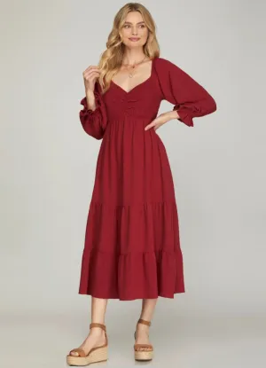 Smocked Tiered Midi Dress in Ruby Red by She   Sky