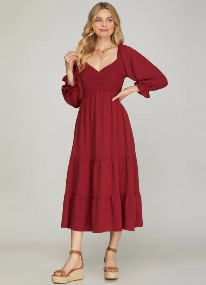 Smocked Tiered Midi Dress in Ruby Red by She   Sky