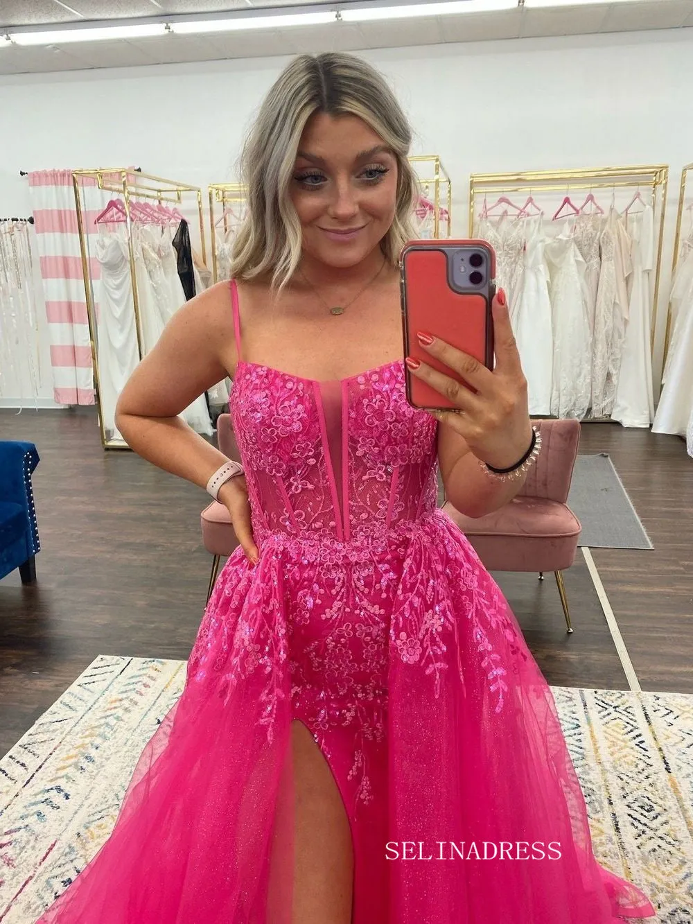 Spaghetti Straps Hot Pink Lace Long Prom Dresses With Slit #sew0700